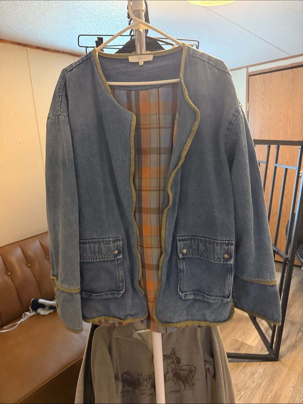 Women’s Blue Denim Jacket with Plaid Lining and Contrast Trim